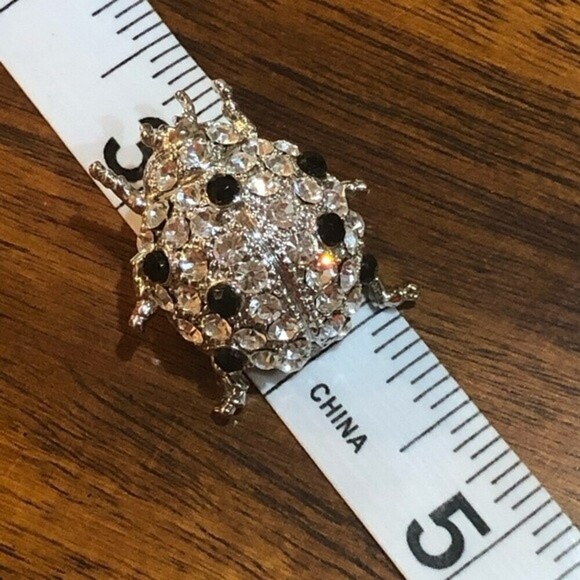 Beetle Ladybug Crystal Silver Black Insect Brooch Pin - Picture 6 of 7